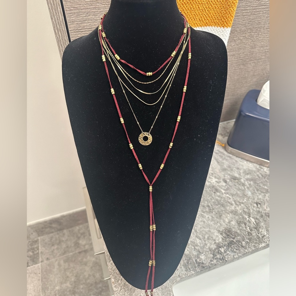 Free People Necklace Gold & Maroon Multi Chain